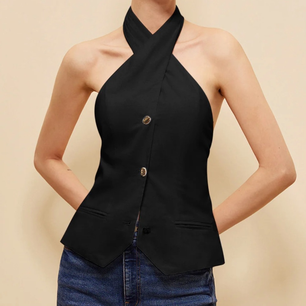 Linen Cross Halter Top Black